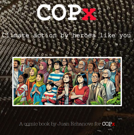 A clip from a comic book of a diverse group of people looking hopefully up into the distance.