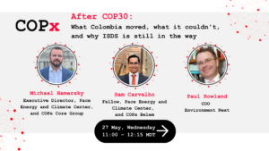 Banner for 27 May webinar with Michael Hamersky and Sam Carvalho Pace Energy and Climate Center, COPx, moderated by Paul Rowland.