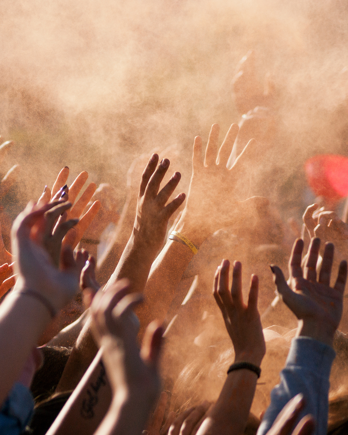 Images of arms sticking up in a crowd, with a brown haze obscuring more people in the background.